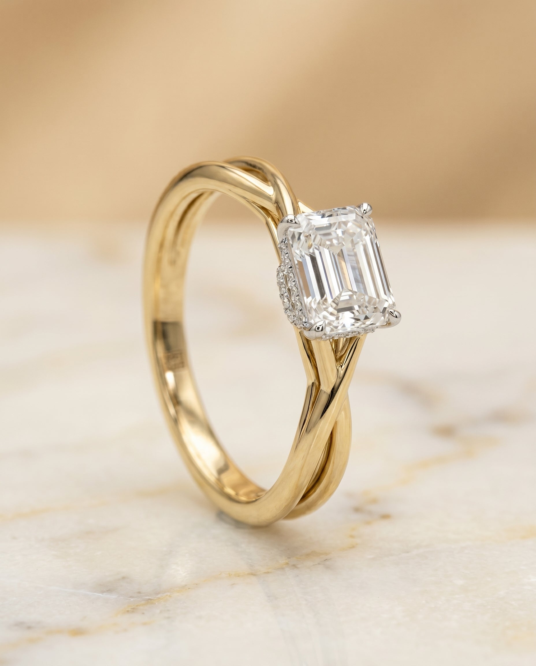 Double Hidden Halo Solitaire Cut styling on The Blondie emerald engagement ring setting | RockHer