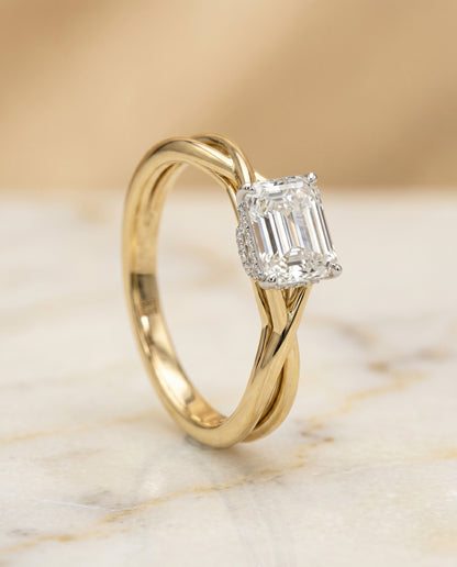 The Blondie Double Hidden Halo Solitaire Emerald Cut Engagement Ring Setting in 18K Yellow Gold