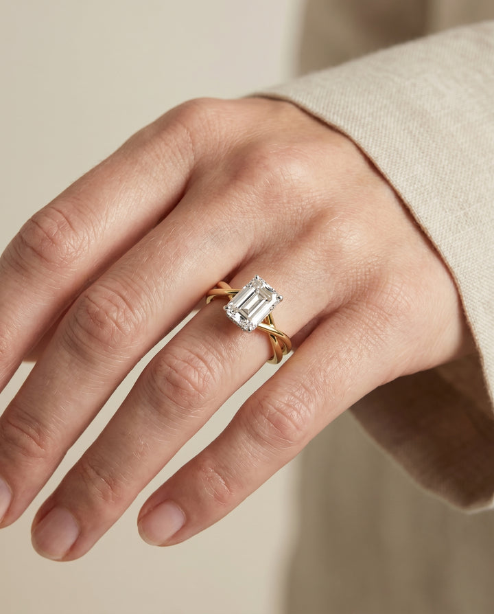 The Blondie Double Hidden Halo Solitaire Emerald Cut Engagement Ring Setting in 18K Yellow Gold