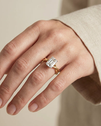Blondie Select Twisted Shank Double Hidden Halo Solitaire Emerald Cut in 14K Yel – view 3