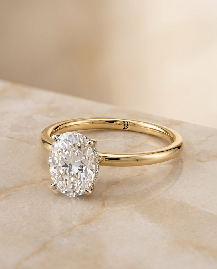 The Dolly Select Double Hidden Halo Solitaire Oval Lab Diamond Engagement Ring in 18K Yellow Gold
