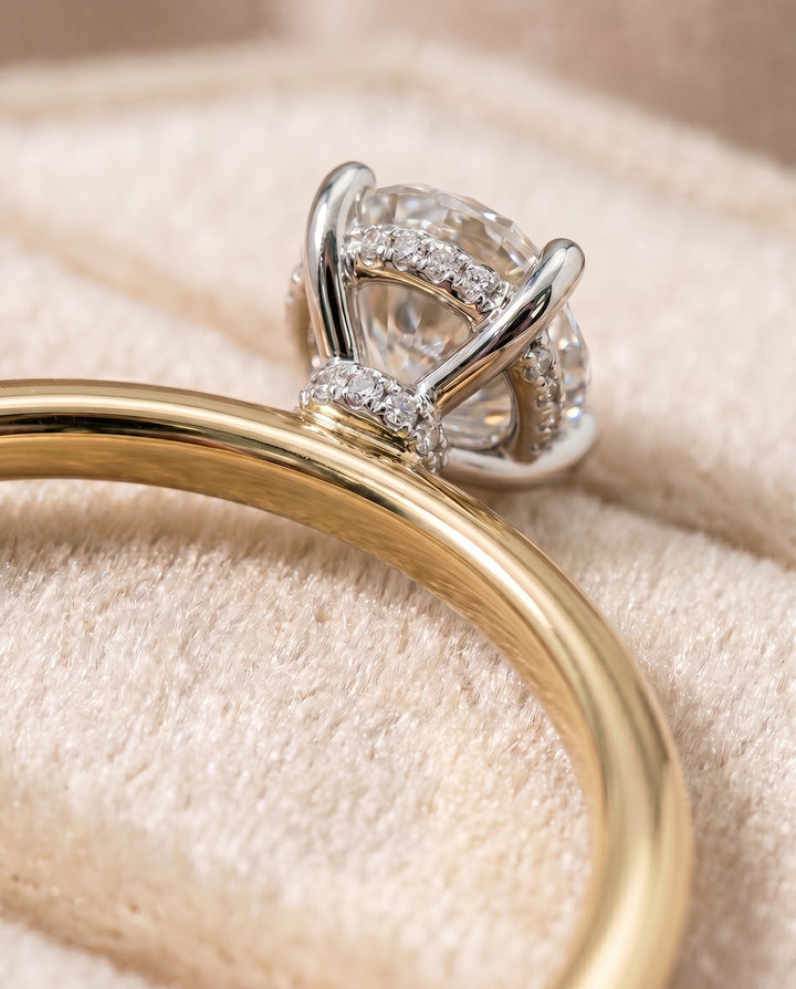 The Dolly Double Hidden Halo Solitaire Oval Engagement Ring Setting in 18K Yellow Gold