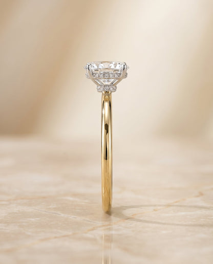 Dolly Select Double Hidden Halo Solitaire Oval Lab Diamond Engagement Ring in 18K Yellow Gold, side view | RockHer