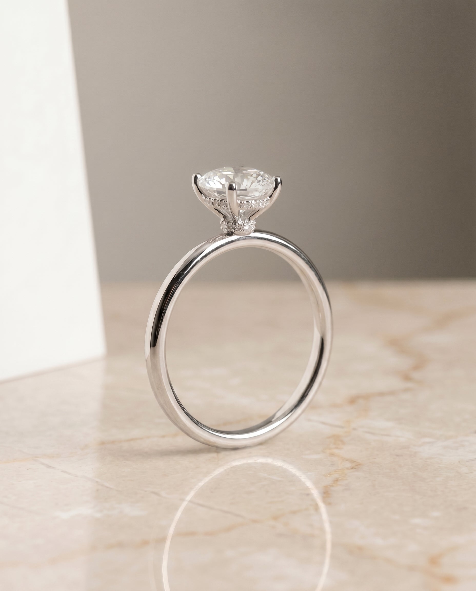 Dolly Select Double Hidden Halo Solitaire Oval Lab Diamond Engagement Ring in Platinum, alternate angle | RockHer