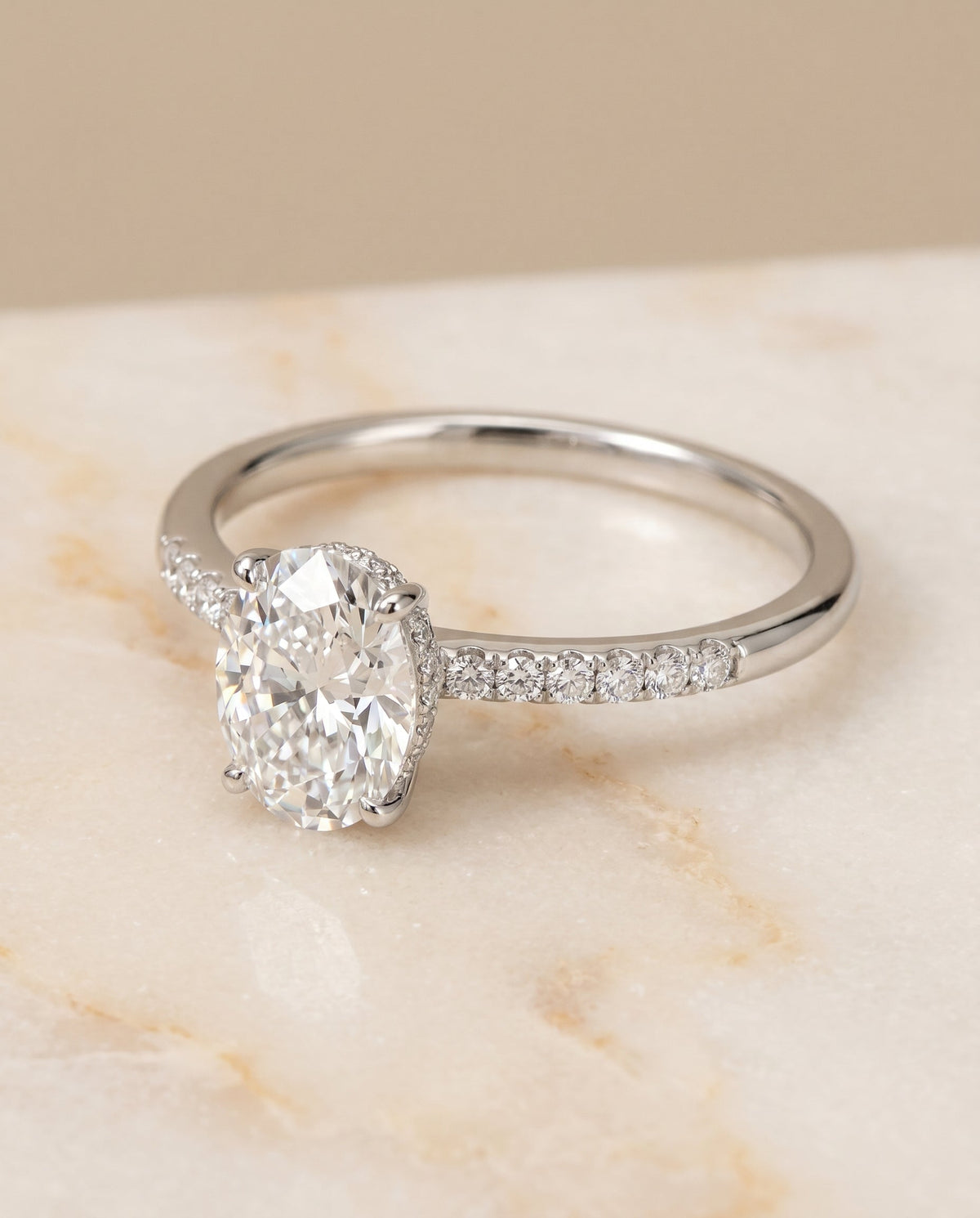 Abbey Select Hidden Halo Pavé Oval Lab Diamond Engagement Ring in 18K White Gold, alternate angle | RockHer