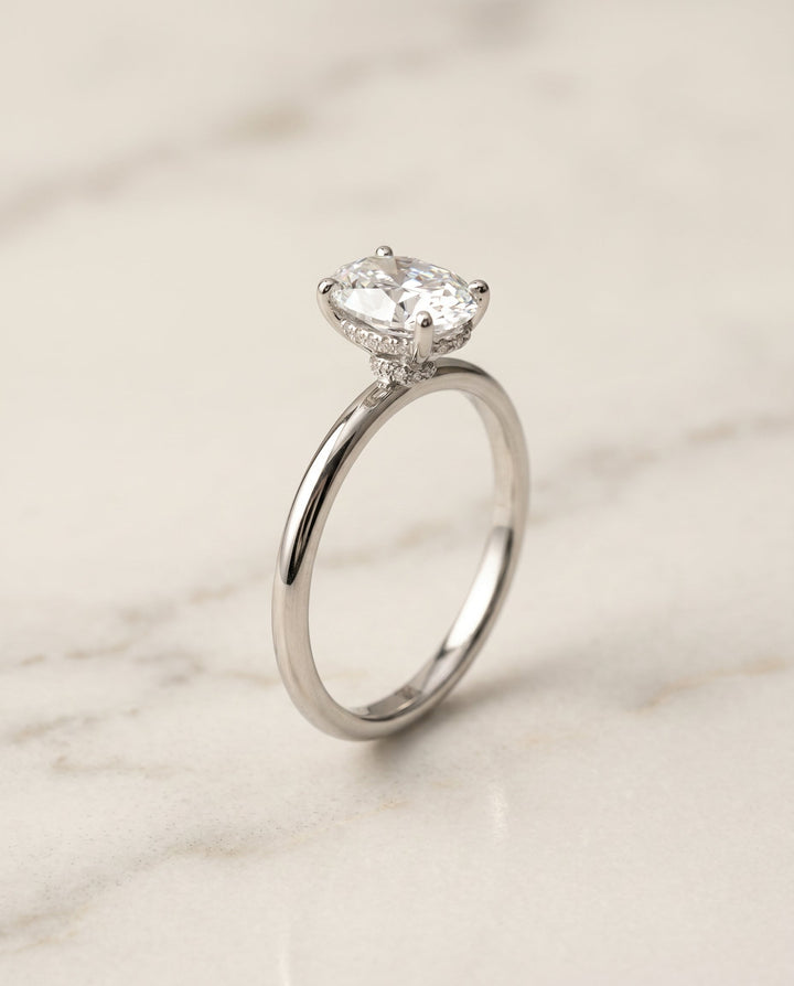Dolly Select Double Hidden Halo Solitaire Oval Lab Diamond Engagement Ring in 18K White Gold, front view | RockHer