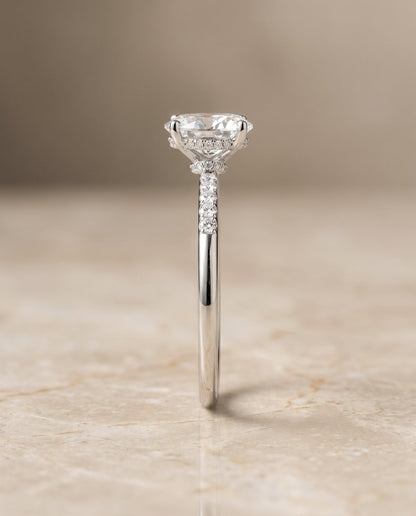 Abbey Select Hidden Halo Pavé Oval Lab Diamond Engagement Ring in 18K White Gold, side view | RockHer