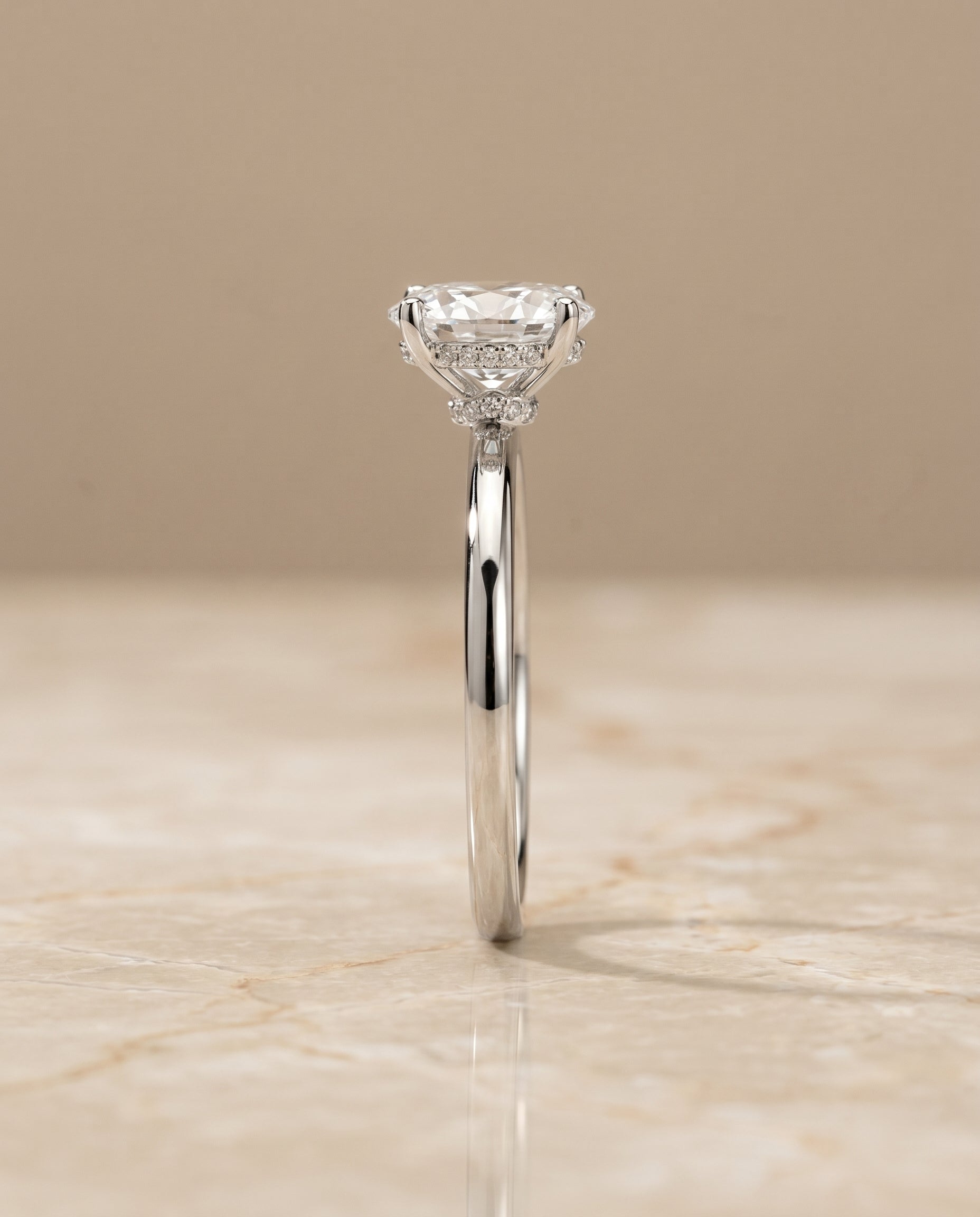 Dolly Select Double Hidden Halo Solitaire Oval Lab Diamond Engagement Ring in Platinum, side view | RockHer