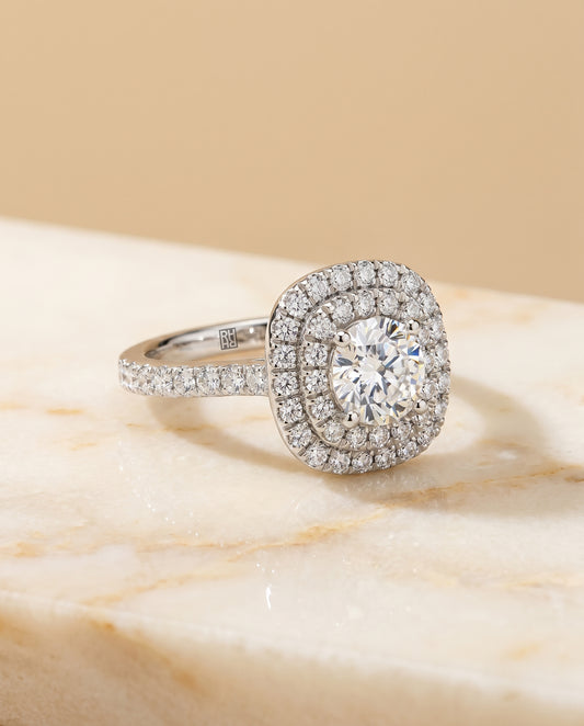 Double Pavé Halo Linear Band Cushion, in Platinum, pave setting – angled view | RockHer
