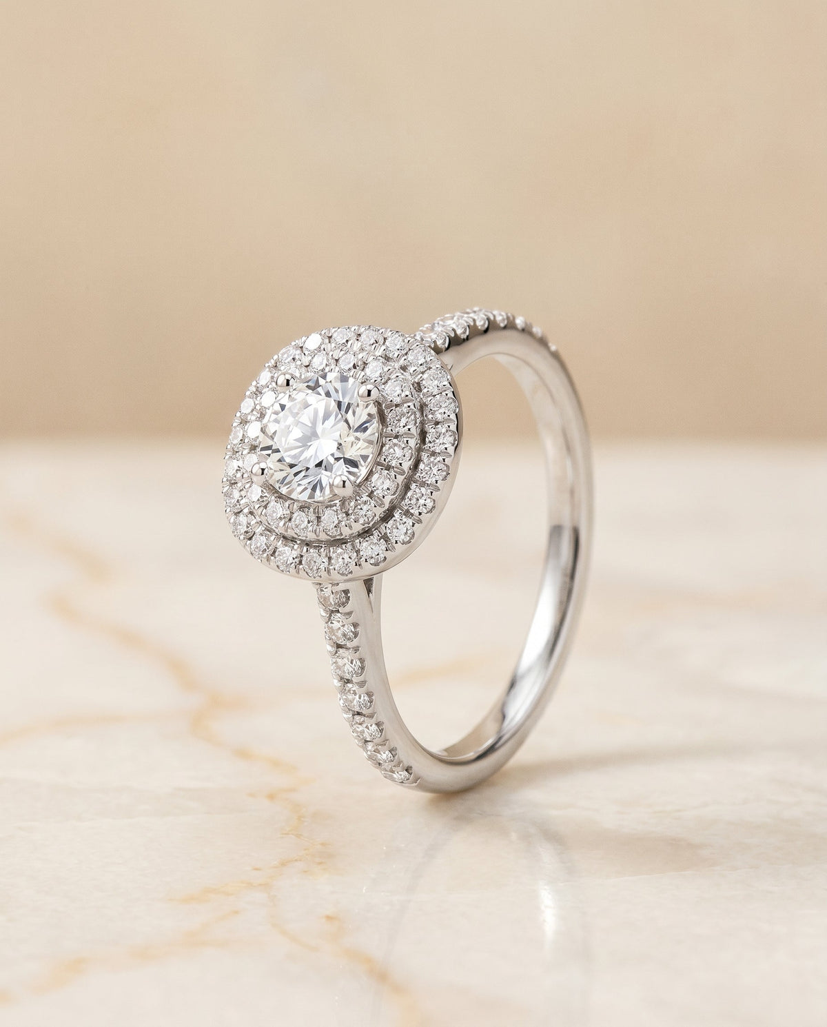 Whitney Select Double Halo Cushion Cut Lab Diamond Engagement Ring in Platinum, front view | RockHer