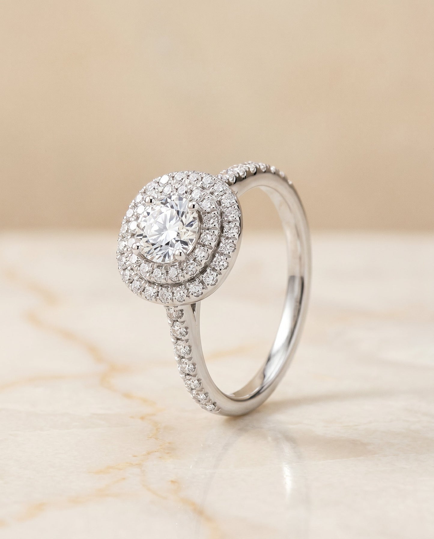 Whitney double pavé halo linear band engagement ring in 18K white gold with cushion lab diamond — RockHer