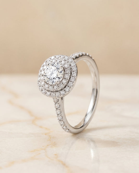 Whitney double pavé halo linear band engagement ring in 18K white gold with cushion lab diamond — RockHer