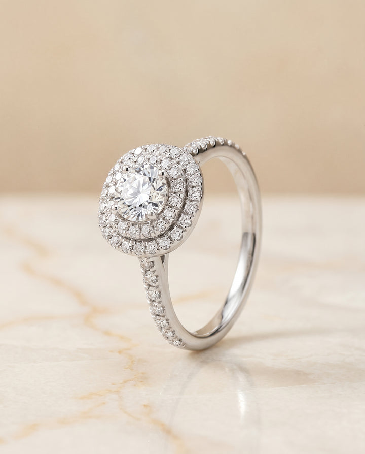 Double Pavé Halo Linear Band Cushion, in Platinum, pave setting – front view | RockHer