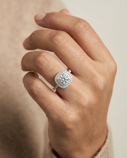 Whitney Select Double Halo Cushion Cut Lab Diamond Engagement Ring in 18K White Gold, shown on hand, angled | RockHer