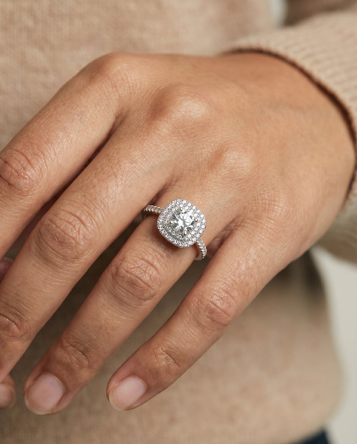 Double Pavé Halo Linear Band Cushion, in Platinum, pave setting – lifestyle shot | RockHer