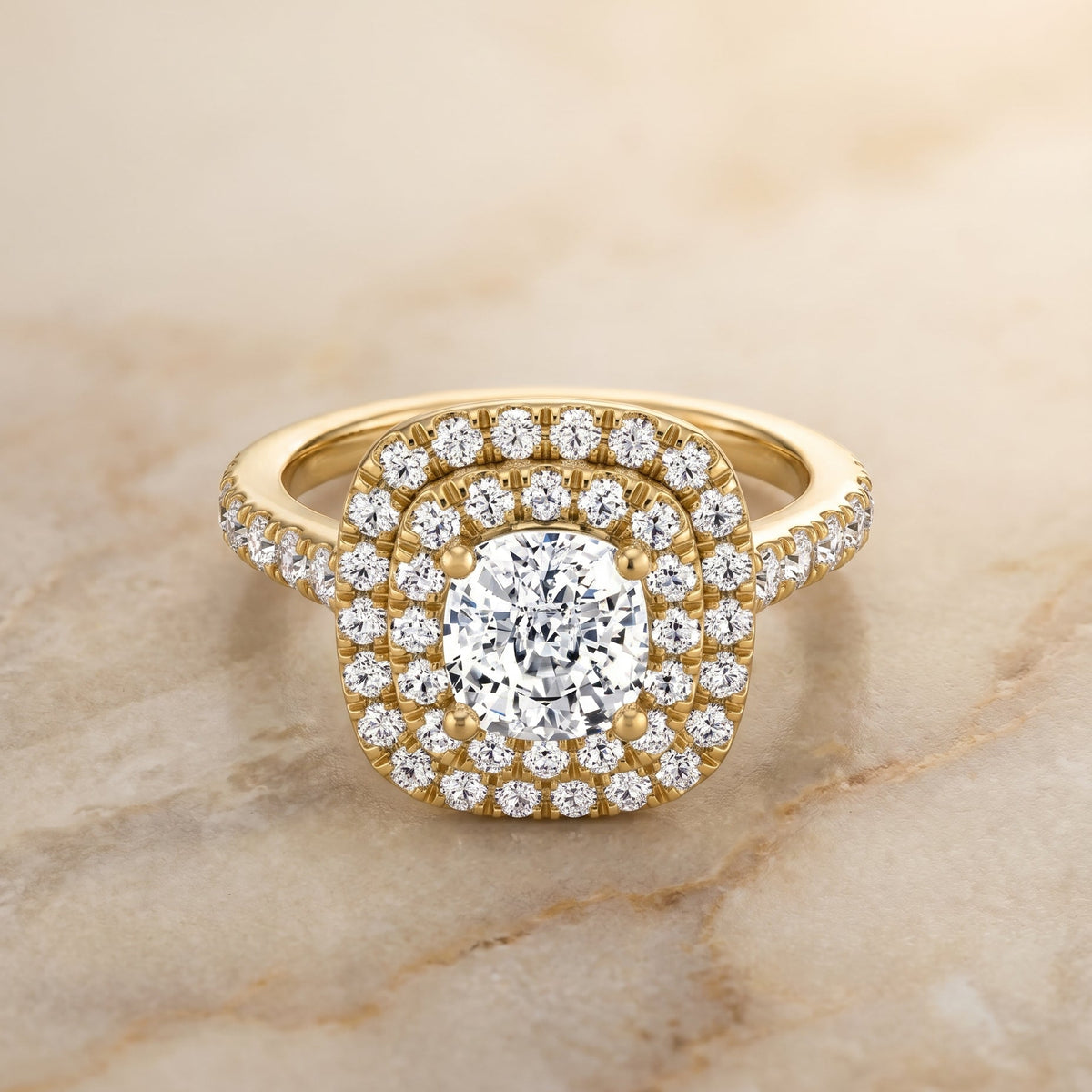 The Whitney Pavé Halo Engagement Ring Setting for Cushion Diamonds in 18K Yellow Gold | RockHer