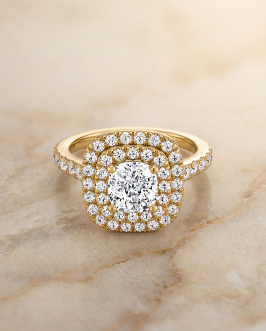 The Whitney Pavé Halo Engagement Ring Setting for Cushion Diamonds in 18K Yellow Gold | RockHer