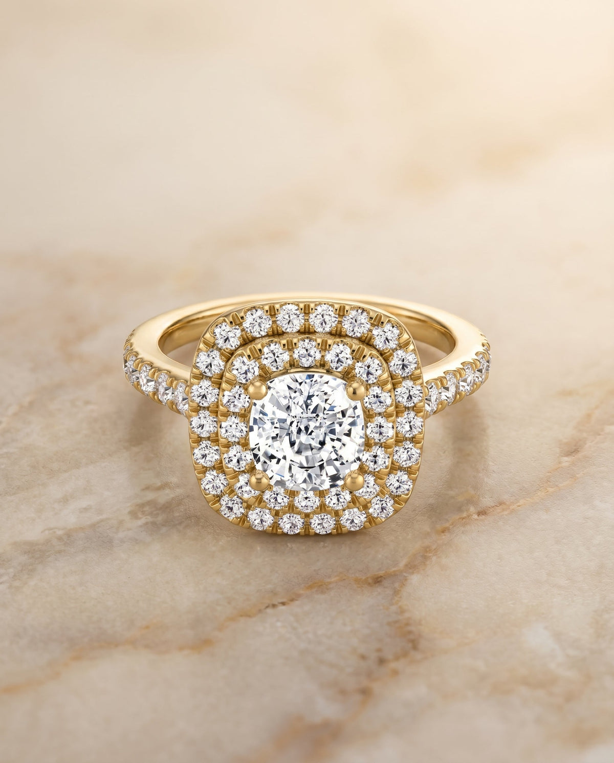 Whitney Select Double Halo Cushion Cut Lab Diamond Engagement Ring in 18K Yellow Gold, alternate angle | RockHer