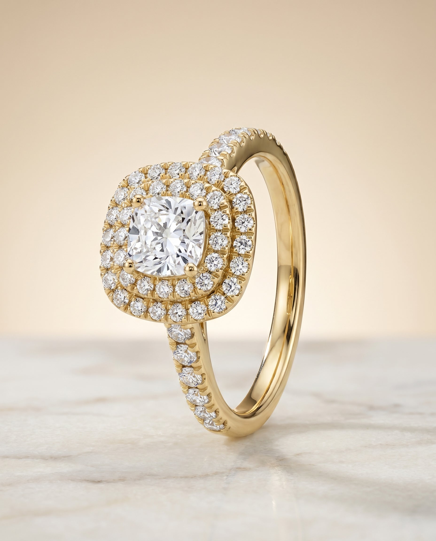 Whitney Select Double Halo Cushion Cut Lab Diamond Engagement Ring in 18K Yellow Gold, front view | RockHer
