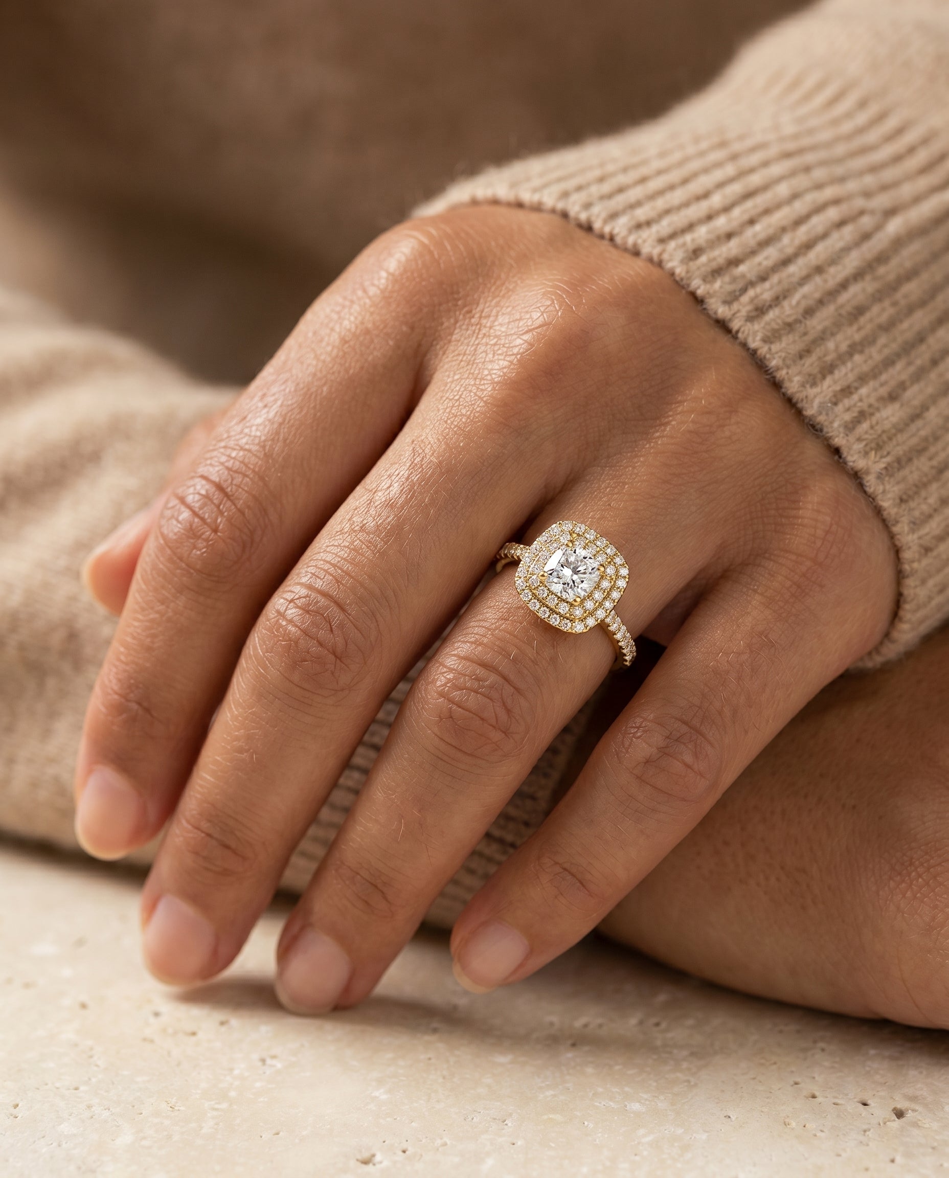 The Whitney engagement ring setting in 18K Yellow Gold, double halo cut design | RockHer