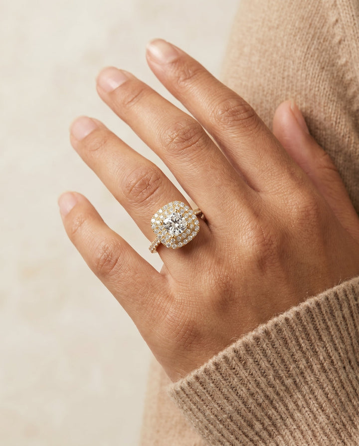 Whitney Select Double Halo Cushion Cut Lab Diamond Engagement Ring in 18K Yellow Gold, shown on hand | RockHer