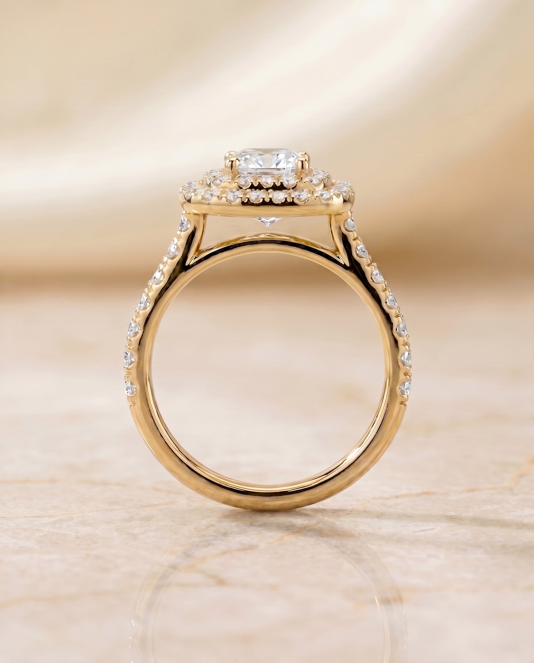 Whitney Select Double Halo Cushion Cut Lab Diamond Engagement Ring in 18K Yellow Gold, side view | RockHer
