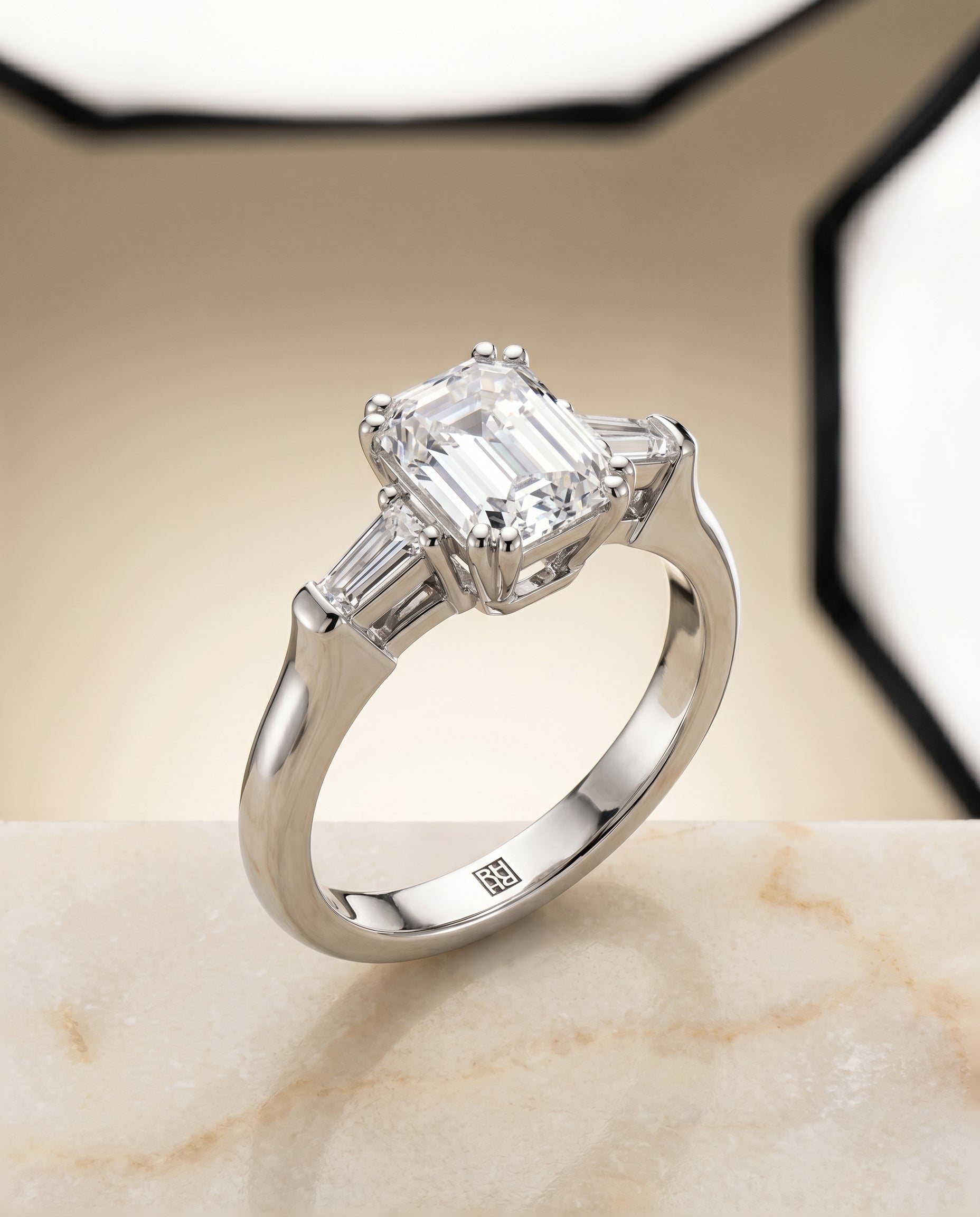 Lily Select Double Prong Three Stone Emerald Cut Lab Diamond Engagement Ring in 18K White Gold, alternate angle | RockHer