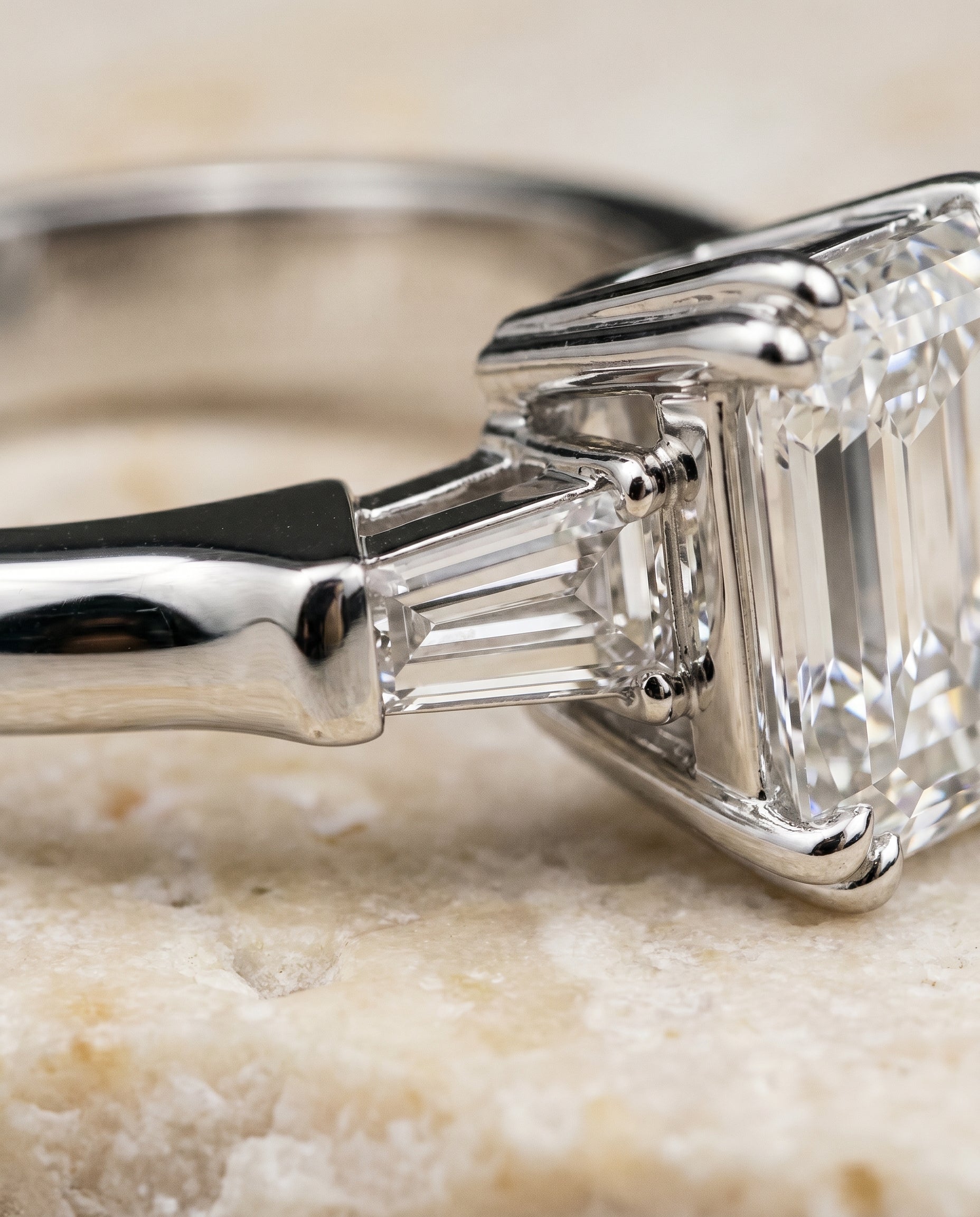 Lily Select Double Prong Three Stone Emerald Cut Lab Diamond Engagement Ring in 18K White Gold, detail view | RockHer