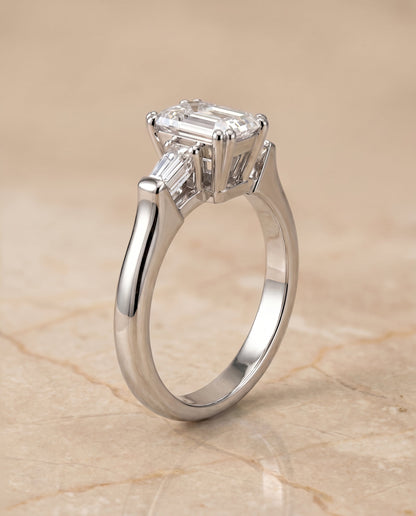 Lily Select Double Prong Three Stone Emerald Cut Lab Diamond Engagement Ring in 14K White Gold, front view | RockHer