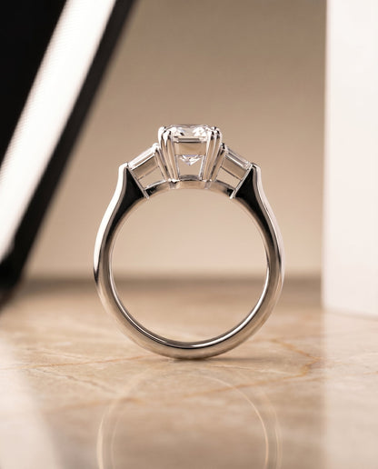 Lily Select Double Prong Three Stone Emerald Cut Lab Diamond Engagement Ring in 18K White Gold, side view | RockHer
