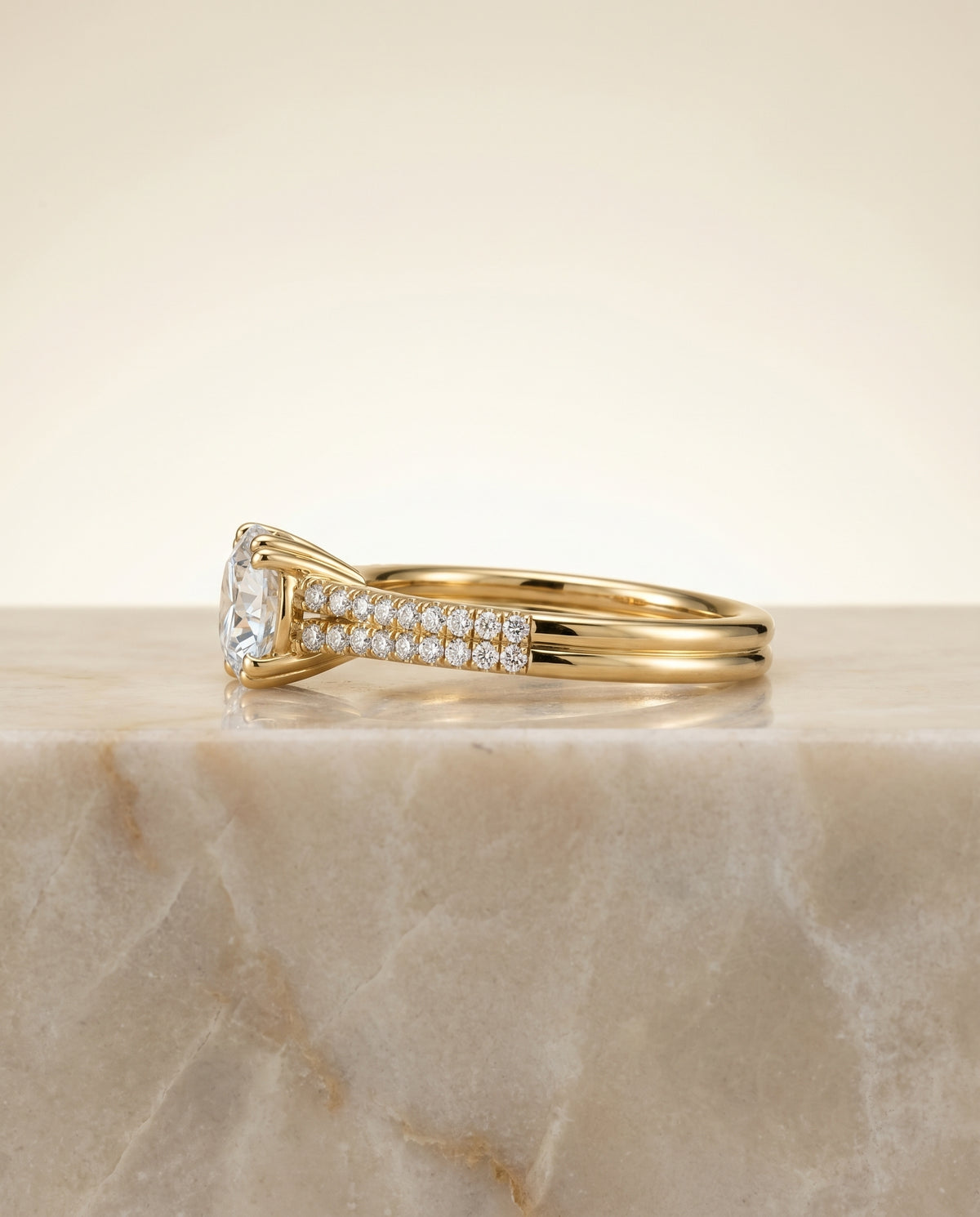 The Joss double row prong french pavé engagement ring setting, shown in 18K Yellow Gold | RockHer