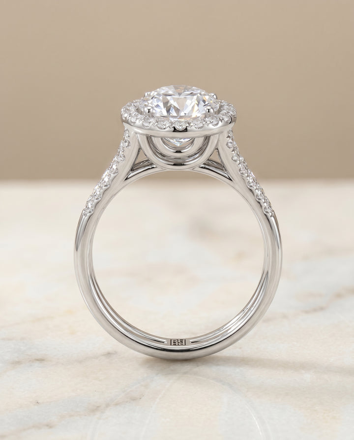 Round Brilliant, Double Row Split Shank Halo, in Platinum, pave setting – angled view | RockHer