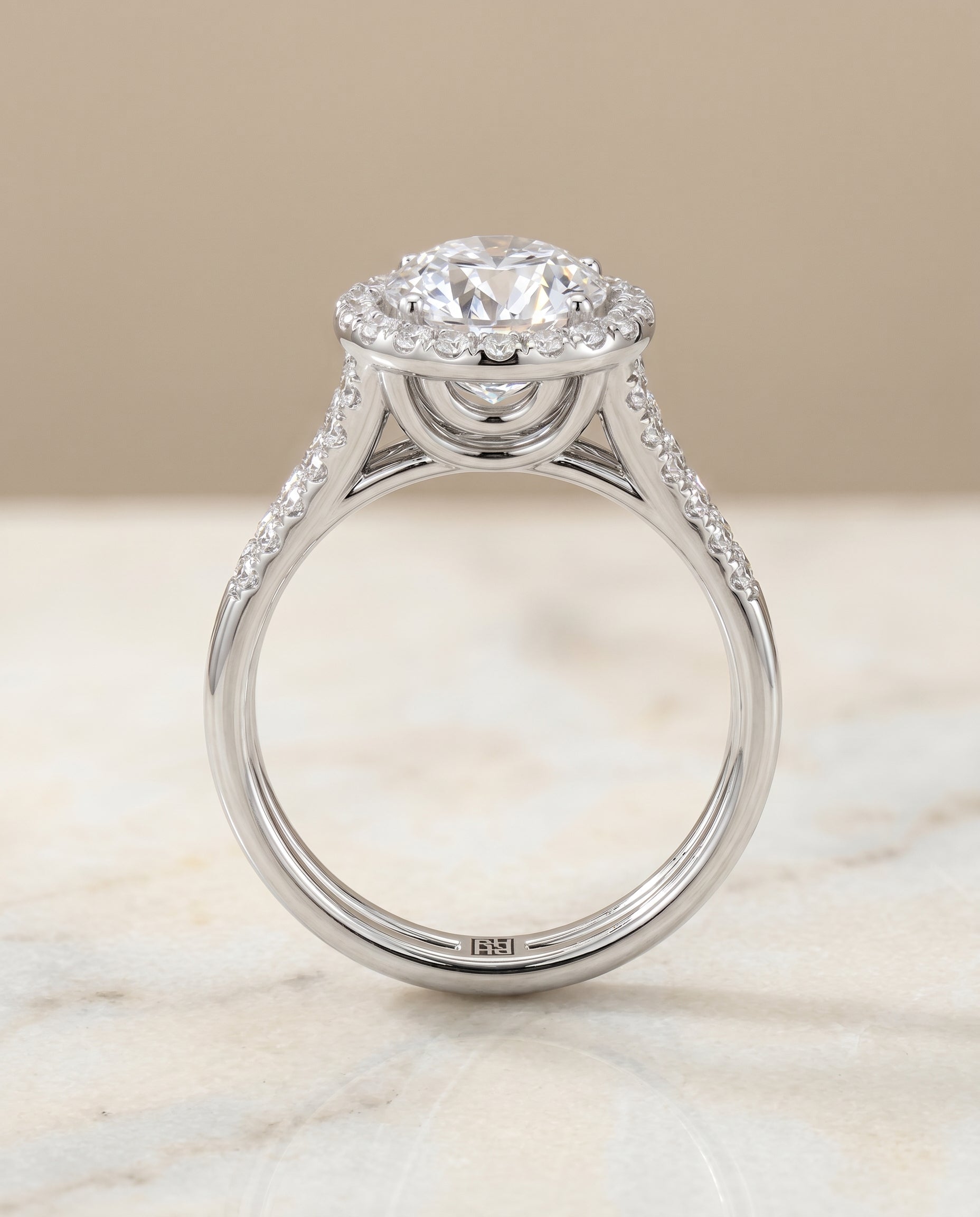 Toni Select Double Row Split Shank Halo Round Lab Diamond Engagement Ring in 18K White Gold, alternate angle | RockHer