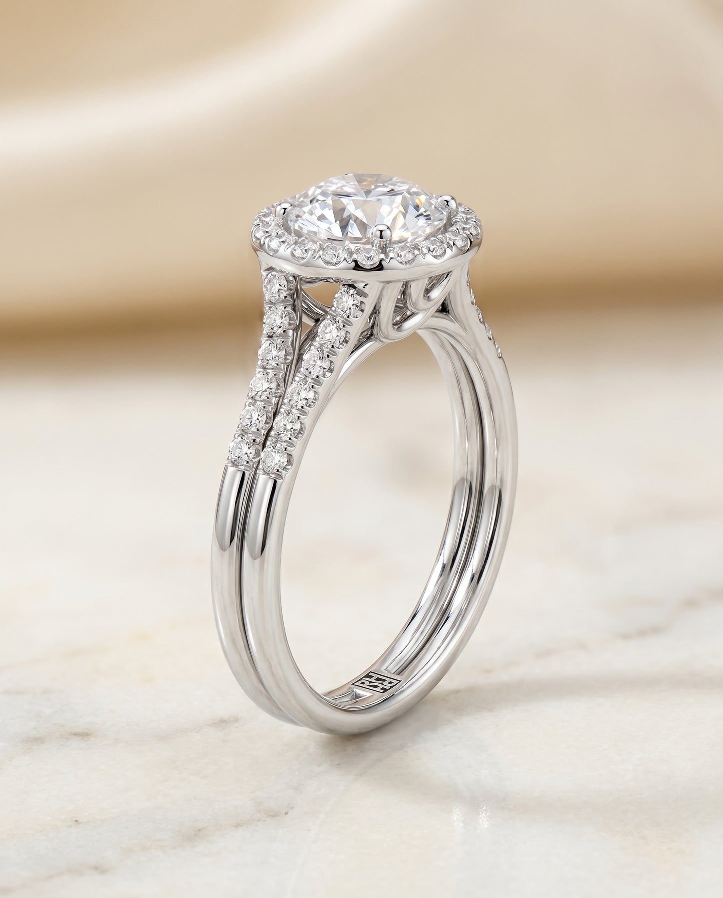 Round Brilliant, Double Row Split Shank Halo, in Platinum, pave setting – front view | RockHer