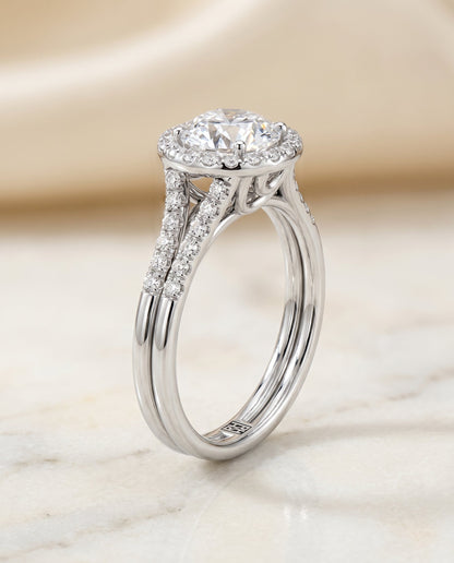 Toni Select Double Row Split Shank Halo Round Lab Diamond Engagement Ring in 14K White Gold, front view | RockHer