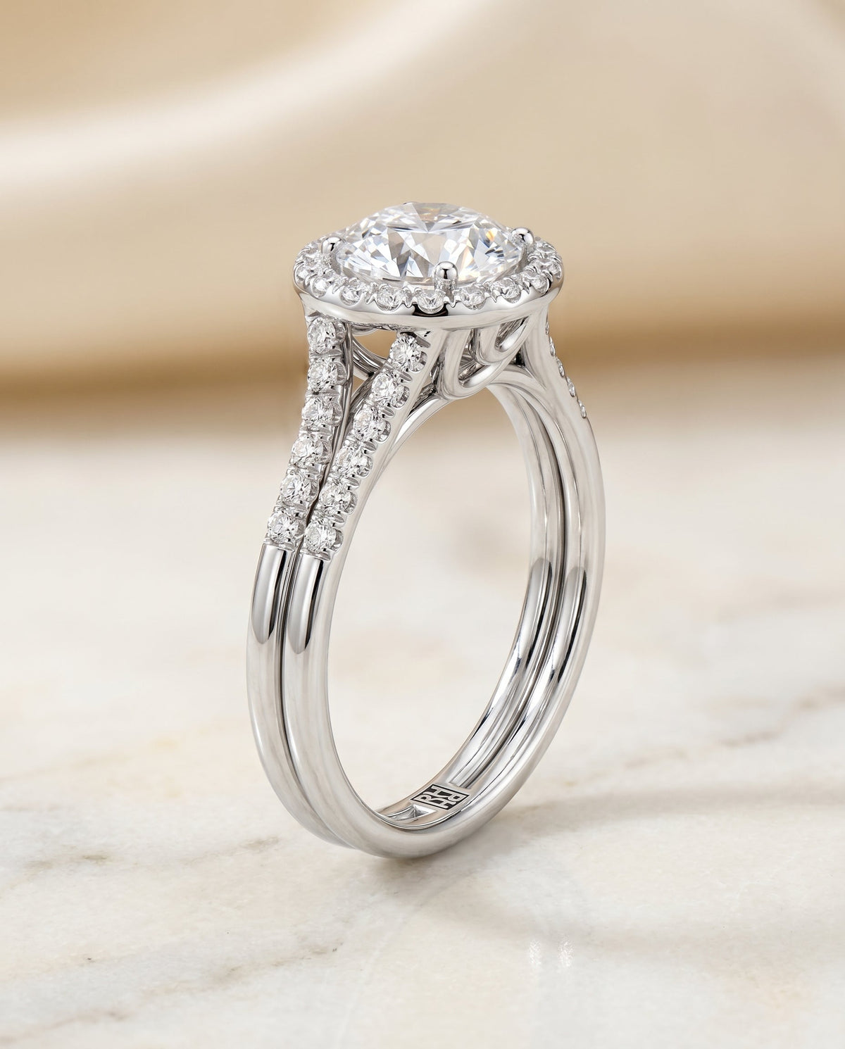 Toni Select Double Row Split Shank Halo Round Lab Diamond Engagement Ring in Platinum, front view | RockHer