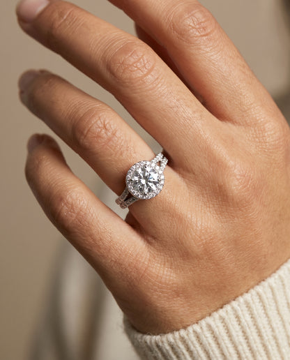 Round Brilliant, Double Row Split Shank Halo, in Platinum, pave setting – lifestyle shot | RockHer