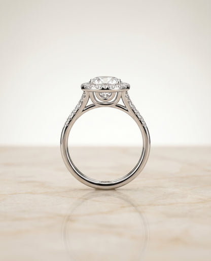 Round Brilliant, Double Row Split Shank Halo, in Platinum, pave setting – side profile | RockHer