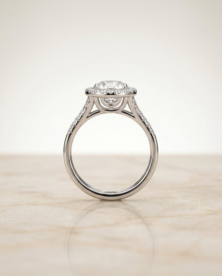 Round Brilliant, Double Row Split Shank Halo, in Platinum, pave setting – side profile | RockHer