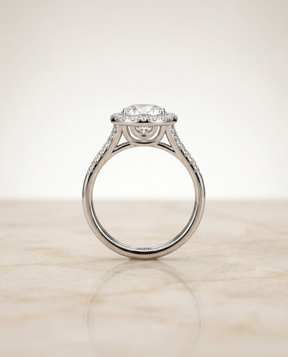Toni Select Double Row Split Shank Halo Round Lab Diamond Engagement Ring in 14K White Gold, side view | RockHer