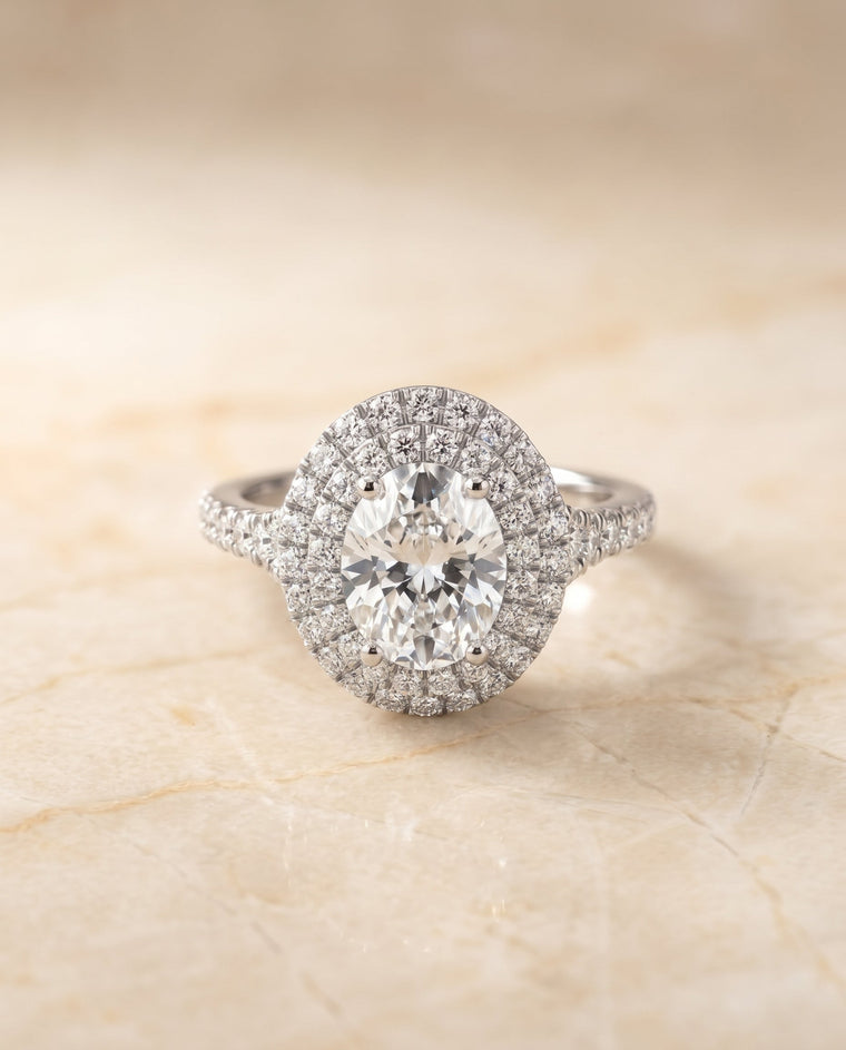 The Britney Select Double Halo Oval Lab Diamond Engagement Ring in 18K White Gold