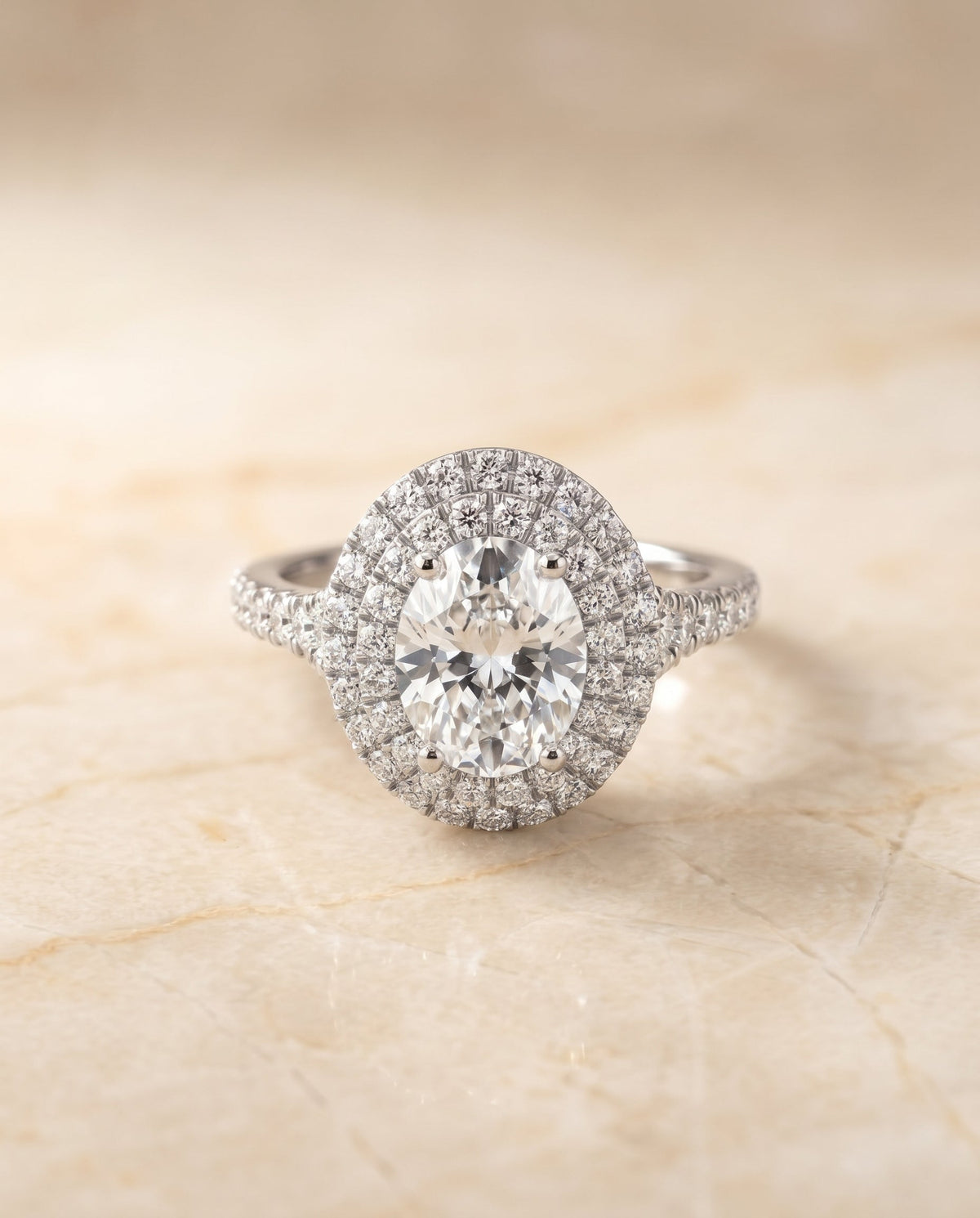 Britney Select Double Halo Oval Lab Diamond Engagement Ring in Platinum, alternate angle | RockHer