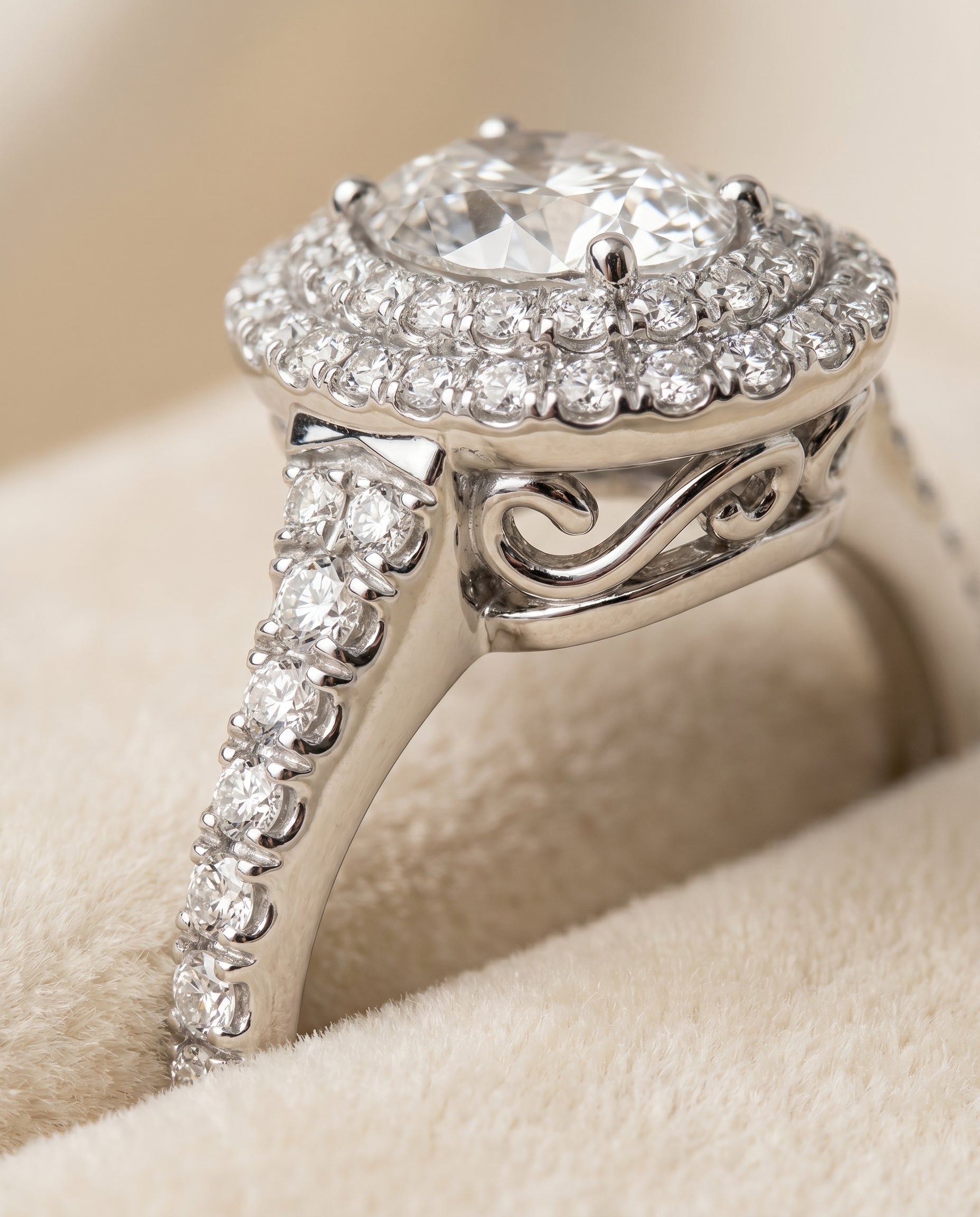 Britney Select Double Halo Oval Lab Diamond Engagement Ring in 18K White Gold, detail view | RockHer