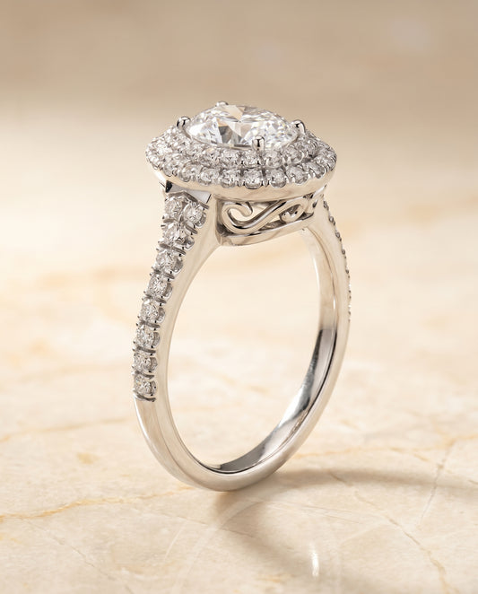 Double Scalloped Pavé Halo Oval, in Platinum, pave setting – front view | RockHer