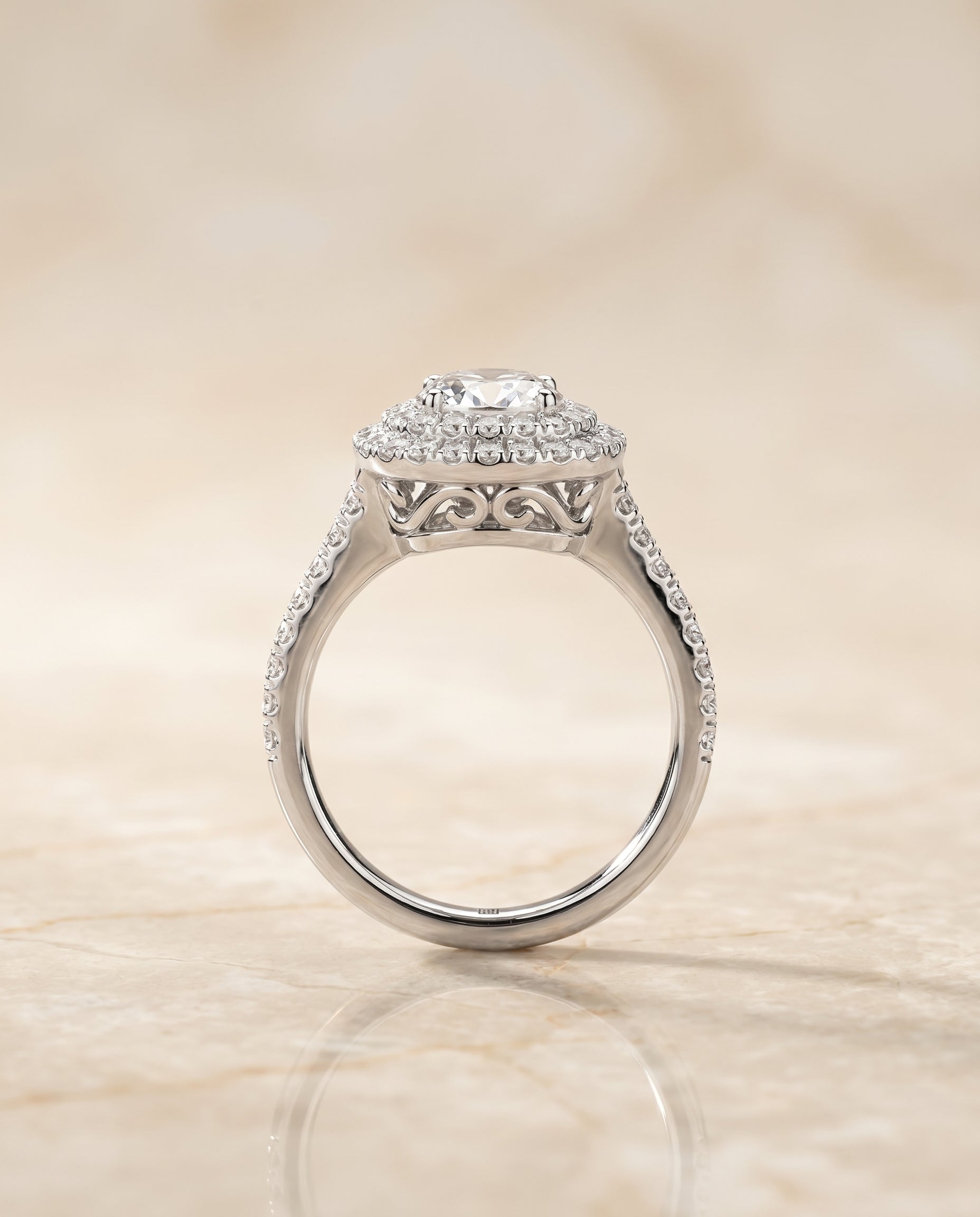 Britney Select Double Halo Oval Lab Diamond Engagement Ring in Platinum, side view | RockHer