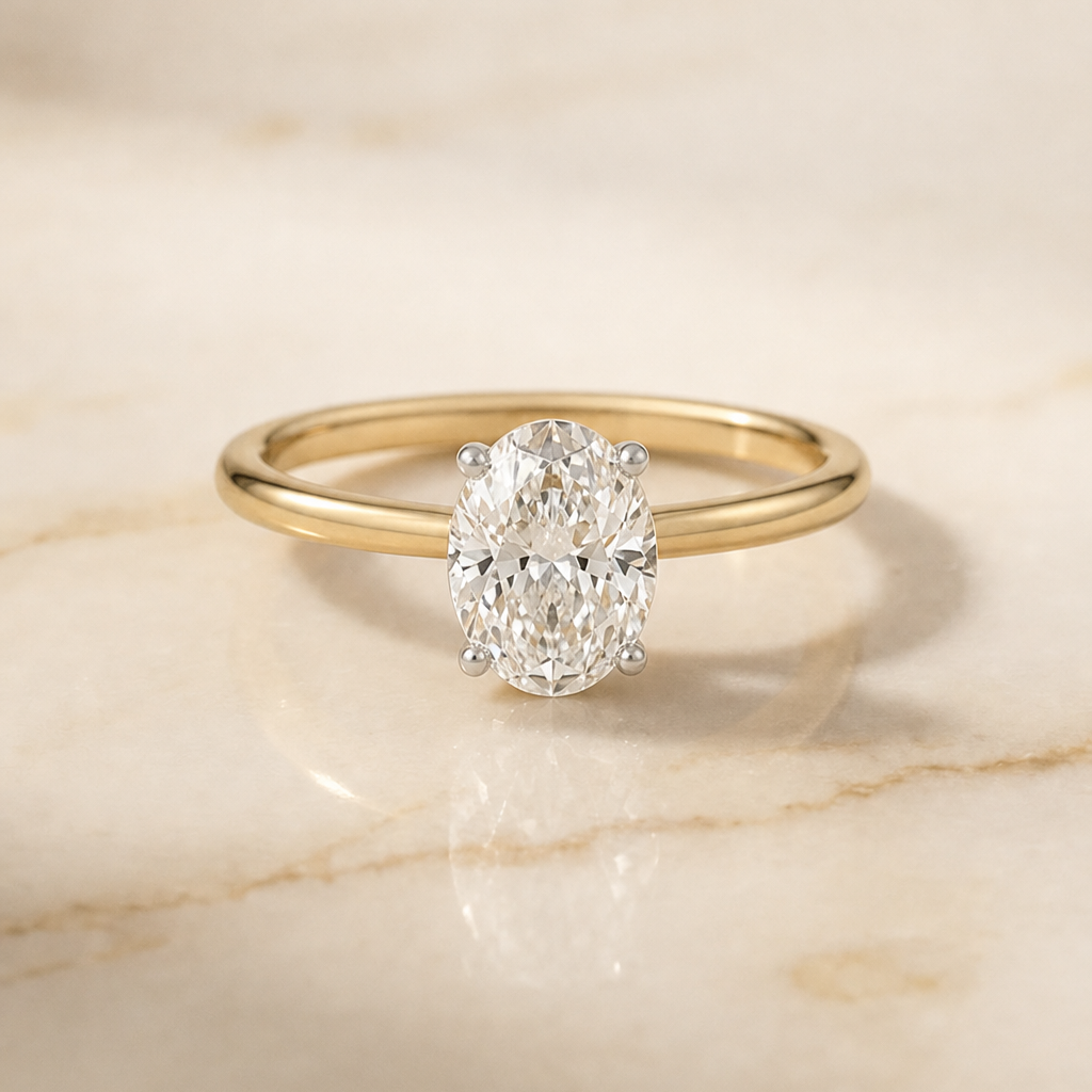 The Eartha Upper Hidden Halo Solitaire Oval Engagement Ring Setting in 18K Yellow Gold