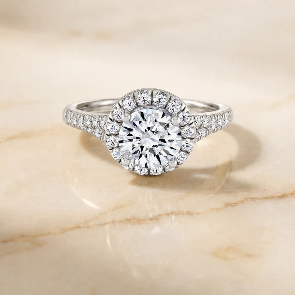 The Calliope Petite Split Shank Halo Round Engagement Ring Setting in 18K White Gold