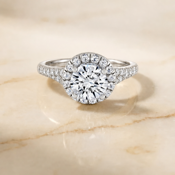 The Calliope Petite Split Shank Halo Round Engagement Ring Setting in 18K White Gold