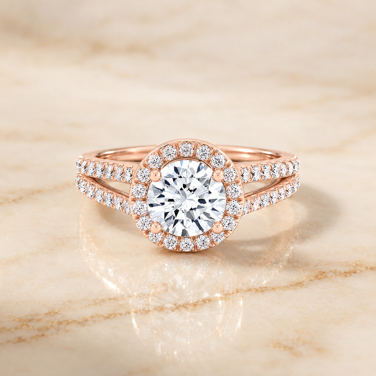 The Celine Two Row Pavé Split Shank Halo Round Engagement Ring Setting in 14K Rose Gold