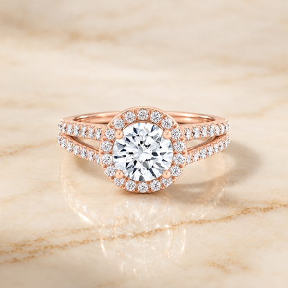The Celine Two Row Pavé Split Shank Halo Round Engagement Ring Setting in 14K Rose Gold